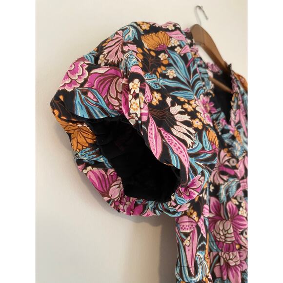 Banjanan Poppy Floral Print Organic Cotton Midi Dress Black Beauty Purple EUC - Picture 10 of 16